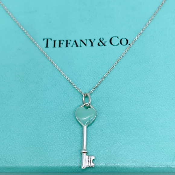 Tiffany Silver Blue Enamel Key Pendant with Chain